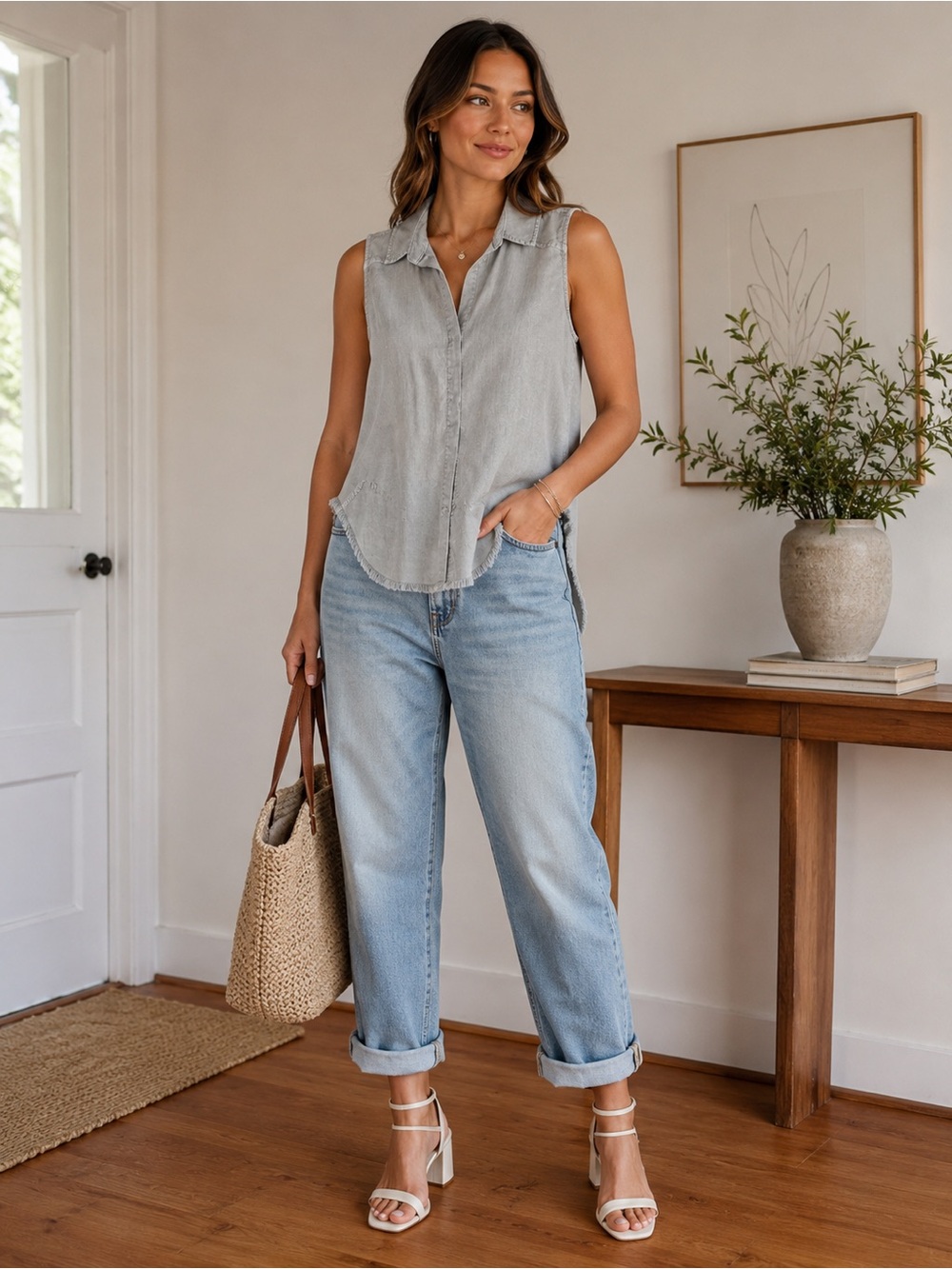 Bella Dahl Sleeveless Frayed Hem Button-Front Top in Light Gray size Medium